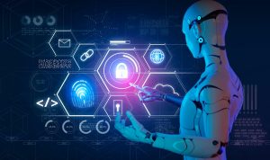 Cybersecurity cybercrime internet scam business, Cyber security platform privacy protection 3D AI robot safety icon, computer virus attack defense